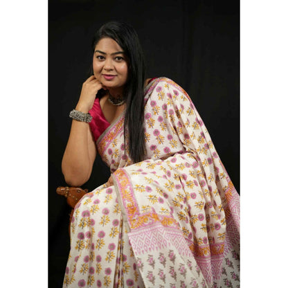 Isadora Life Womens Floral Printed White Pre-Draped Saree with Unstitched Blouse