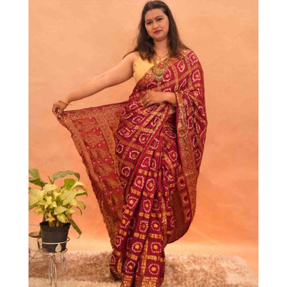 Isadora Life Womens Bandhani Printed Maroon Pre-Draped Saree with Unstitched Blouse
