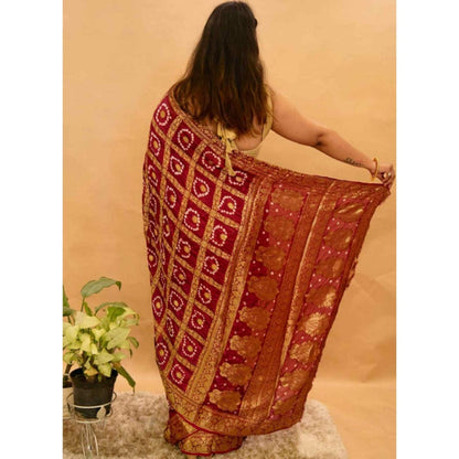 Isadora Life Womens Bandhani Printed Maroon Pre-Draped Saree with Unstitched Blouse