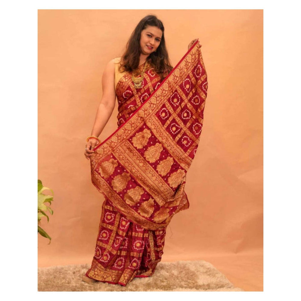 Isadora Life Womens Bandhani Printed Maroon Pre-Draped Saree with Unstitched Blouse