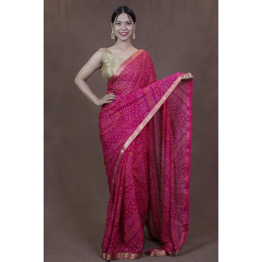 Isadora Life Womens Bandhani Printed Pink Pre-Draped Saree with Unstitched Blouse