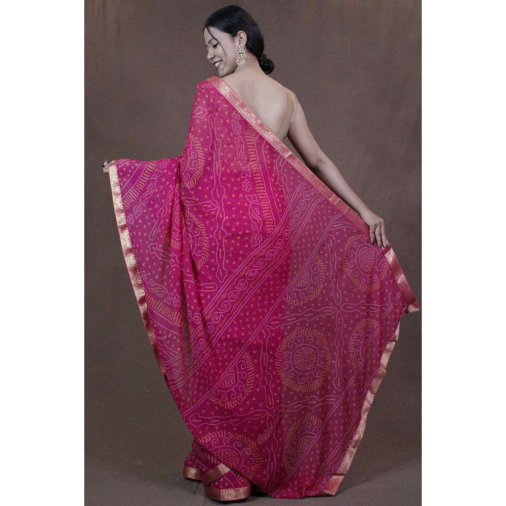 Isadora Life Womens Bandhani Printed Pink Pre-Draped Saree with Unstitched Blouse