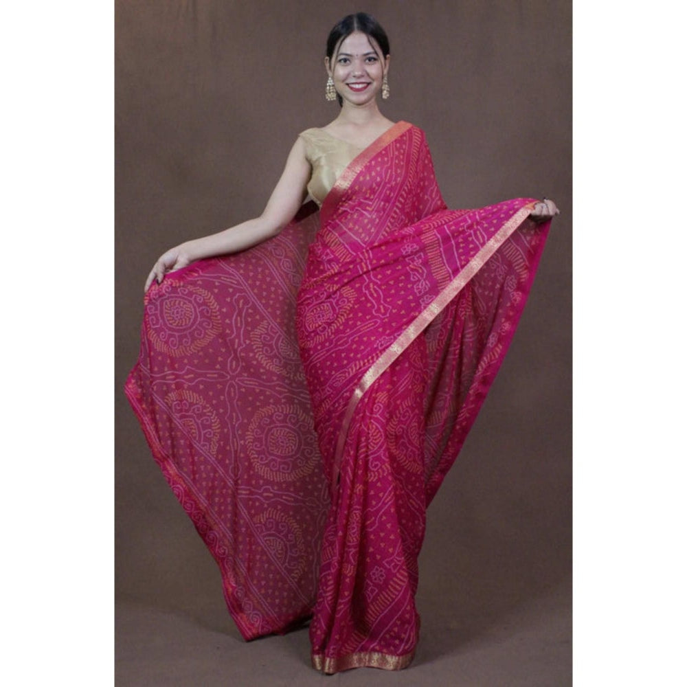 Isadora Life Womens Bandhani Printed Pink Pre-Draped Saree with Unstitched Blouse