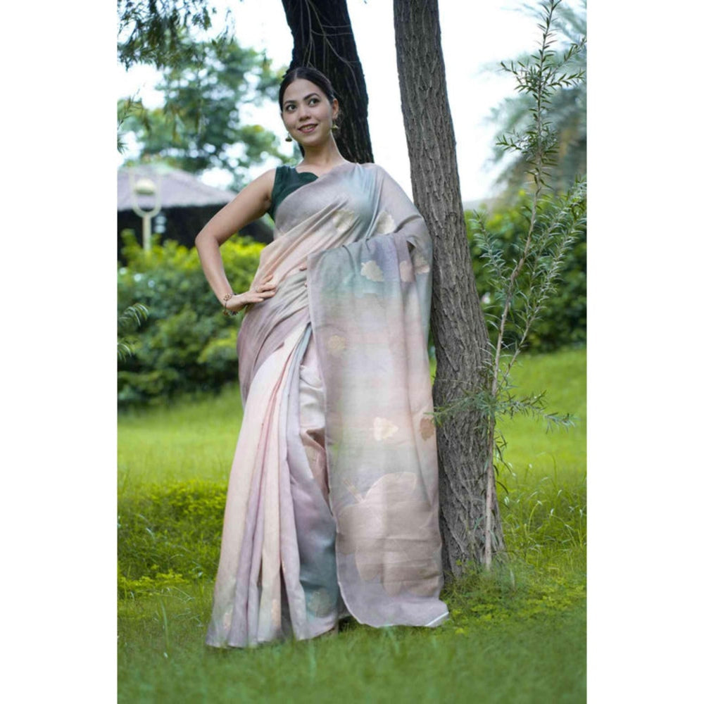 Isadora Life Womens Embroidered Thread Work Blue Pre-Draped Saree with Unstitched Blouse