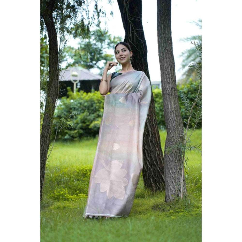 Isadora Life Womens Embroidered Thread Work Blue Pre-Draped Saree with Unstitched Blouse
