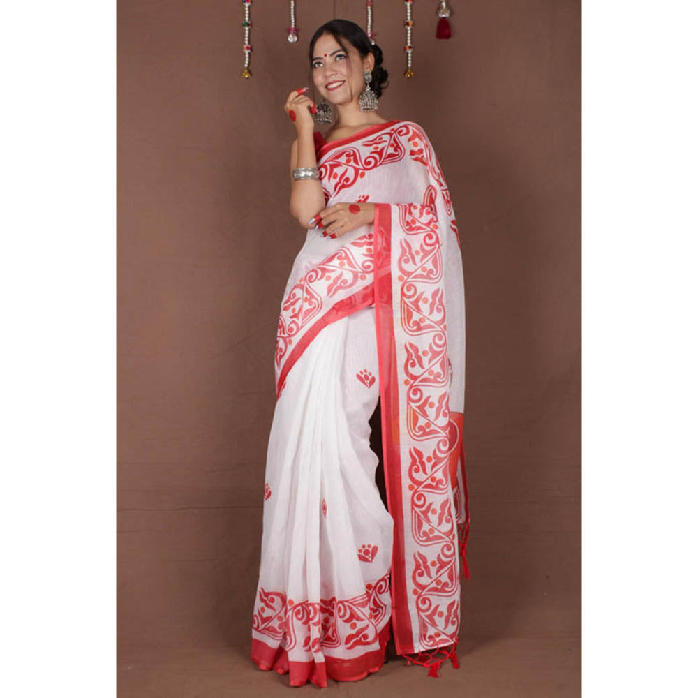 Isadora Life Womens Printed Tassels White Pre-Draped Saree with Unstitched Blouse