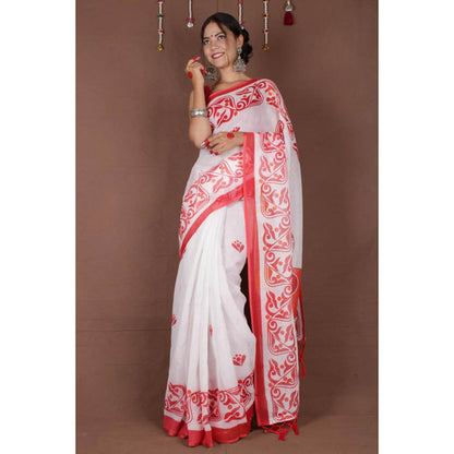 Isadora Life Womens Printed Tassels White Pre-Draped Saree with Unstitched Blouse