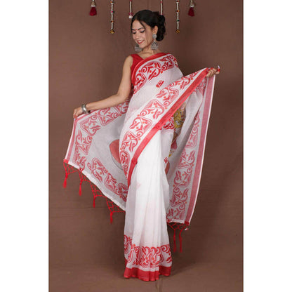 Isadora Life Womens Printed Tassels White Pre-Draped Saree with Unstitched Blouse