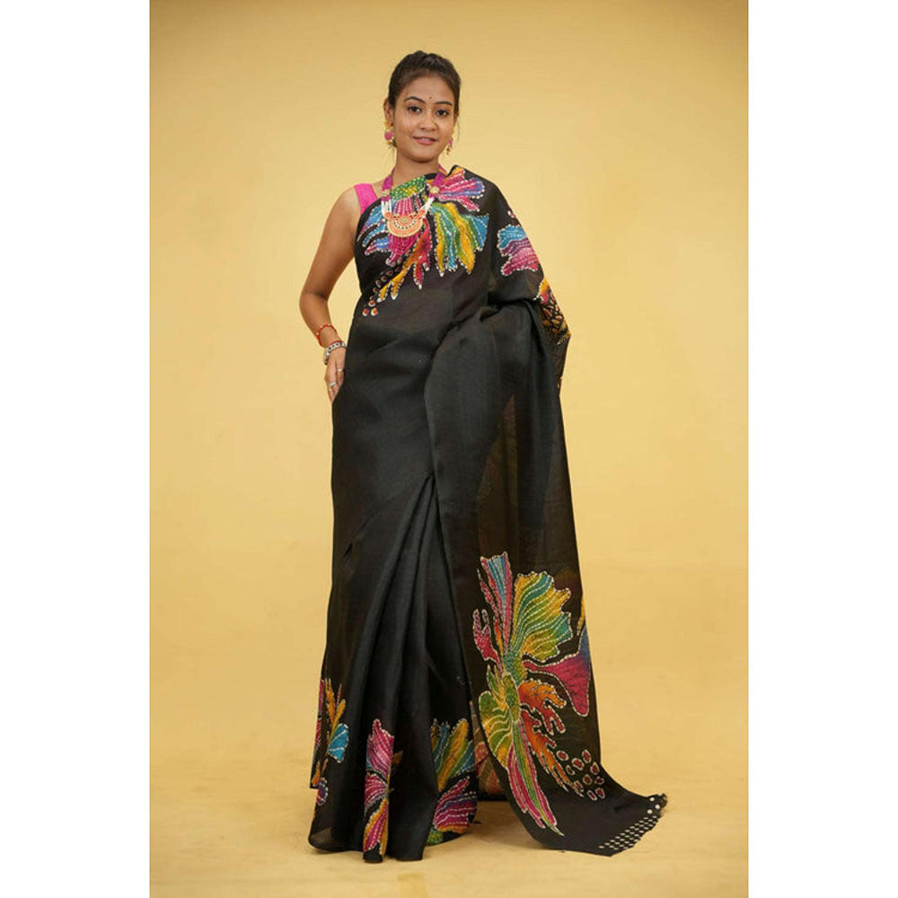 Isadora Life Womens Floral Printed Black Pre-Draped Saree with Unstitched Blouse