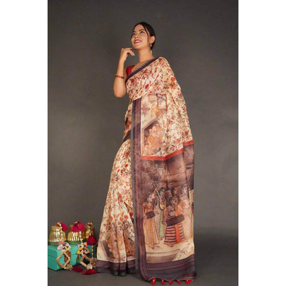 Isadora Life Womens Kalamkari Printed Beige Pre-Draped Saree with Unstitched Blouse