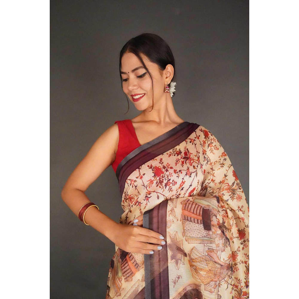 Isadora Life Womens Kalamkari Printed Beige Pre-Draped Saree with Unstitched Blouse