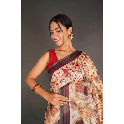 Isadora Life Womens Kalamkari Printed Beige Pre-Draped Saree with Unstitched Blouse