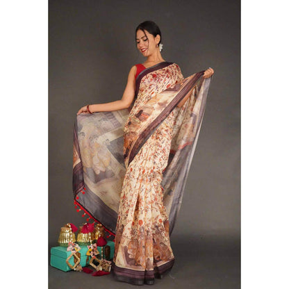 Isadora Life Womens Kalamkari Printed Beige Pre-Draped Saree with Unstitched Blouse