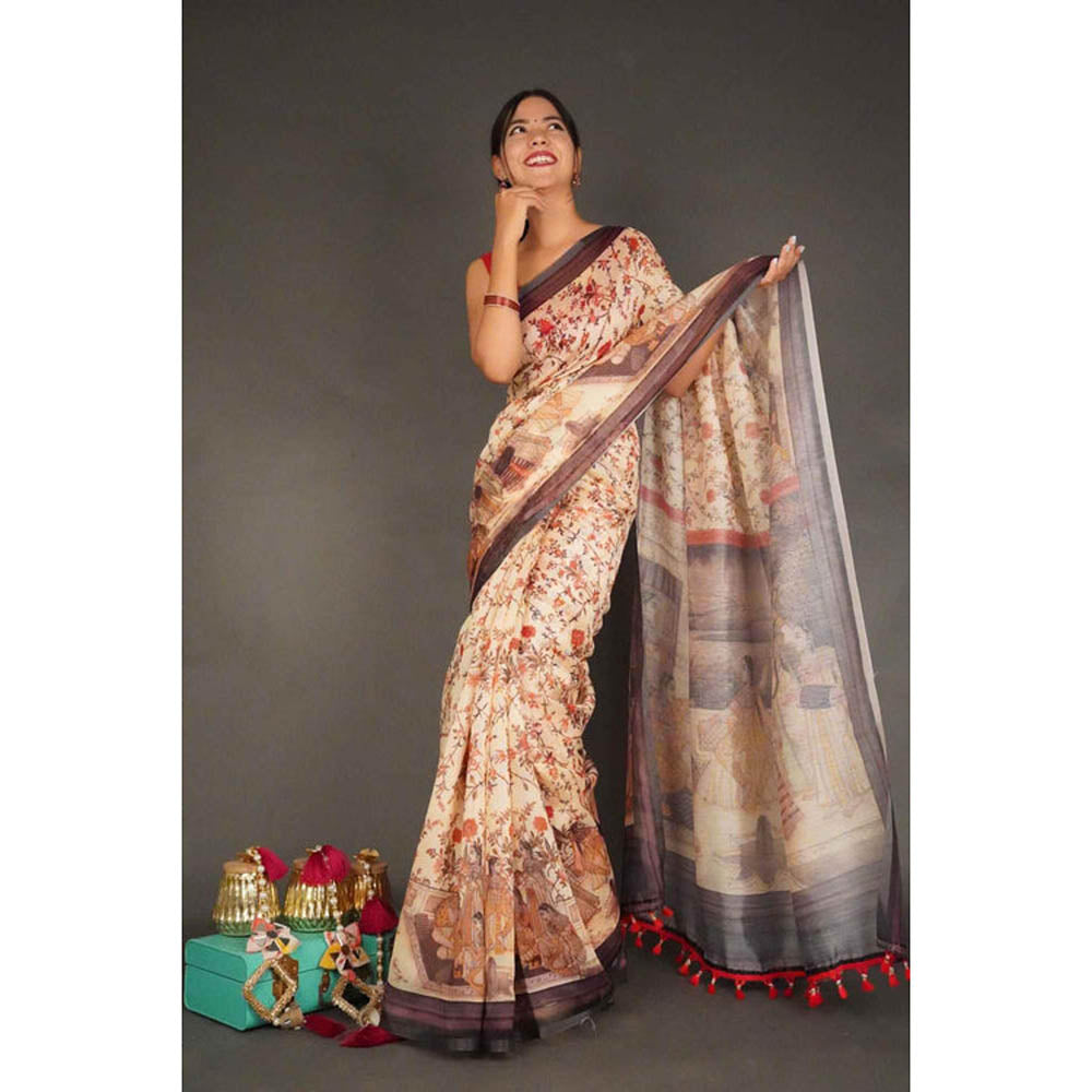 Isadora Life Womens Kalamkari Printed Beige Pre-Draped Saree with Unstitched Blouse
