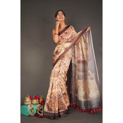 Isadora Life Womens Kalamkari Printed Beige Pre-Draped Saree with Unstitched Blouse