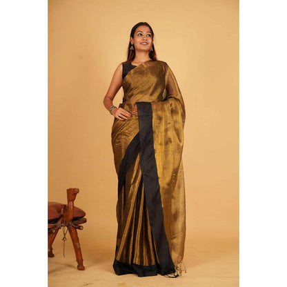 Isadora Life Womens Solid Tassels Gold Pre-Draped Saree with Unstitched Blouse