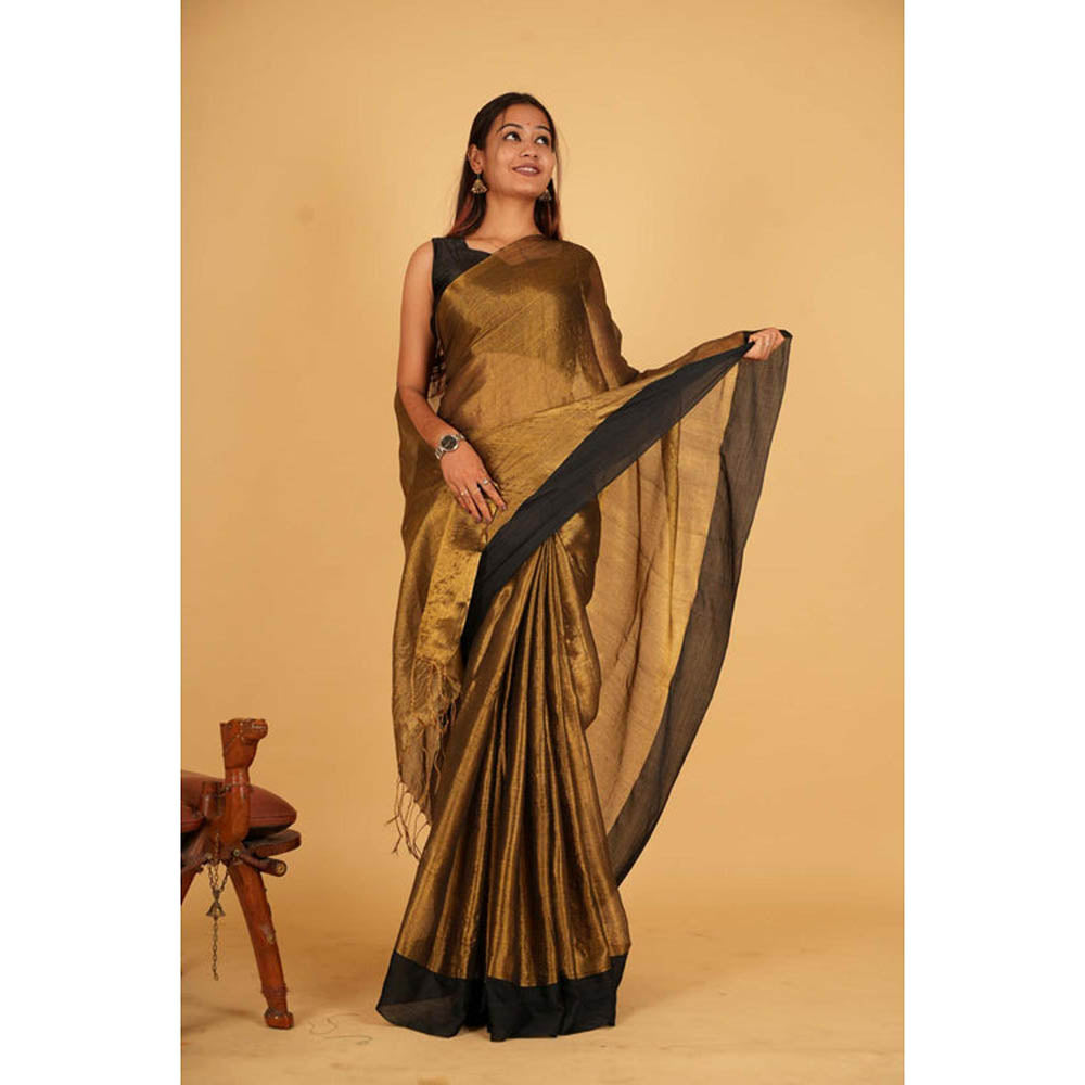 Isadora Life Womens Solid Tassels Gold Pre-Draped Saree with Unstitched Blouse