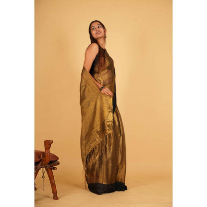 Isadora Life Womens Solid Tassels Gold Pre-Draped Saree with Unstitched Blouse