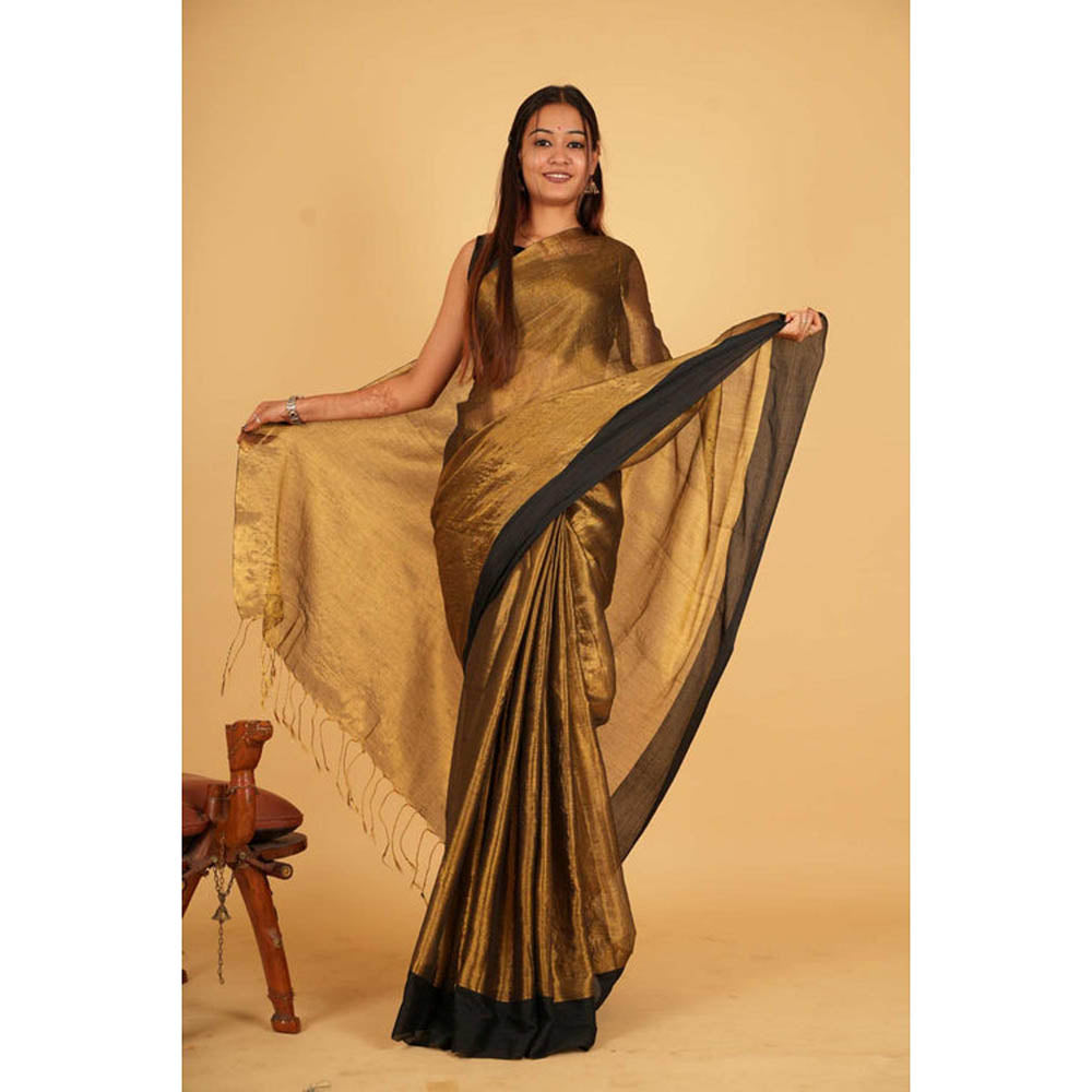 Isadora Life Womens Solid Tassels Gold Pre-Draped Saree with Unstitched Blouse