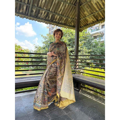 Isadora Life Womens Printed Multi-Color Pre-Draped Saree with Unstitched Blouse