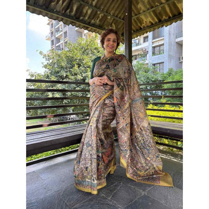 Isadora Life Womens Printed Multi-Color Pre-Draped Saree with Unstitched Blouse
