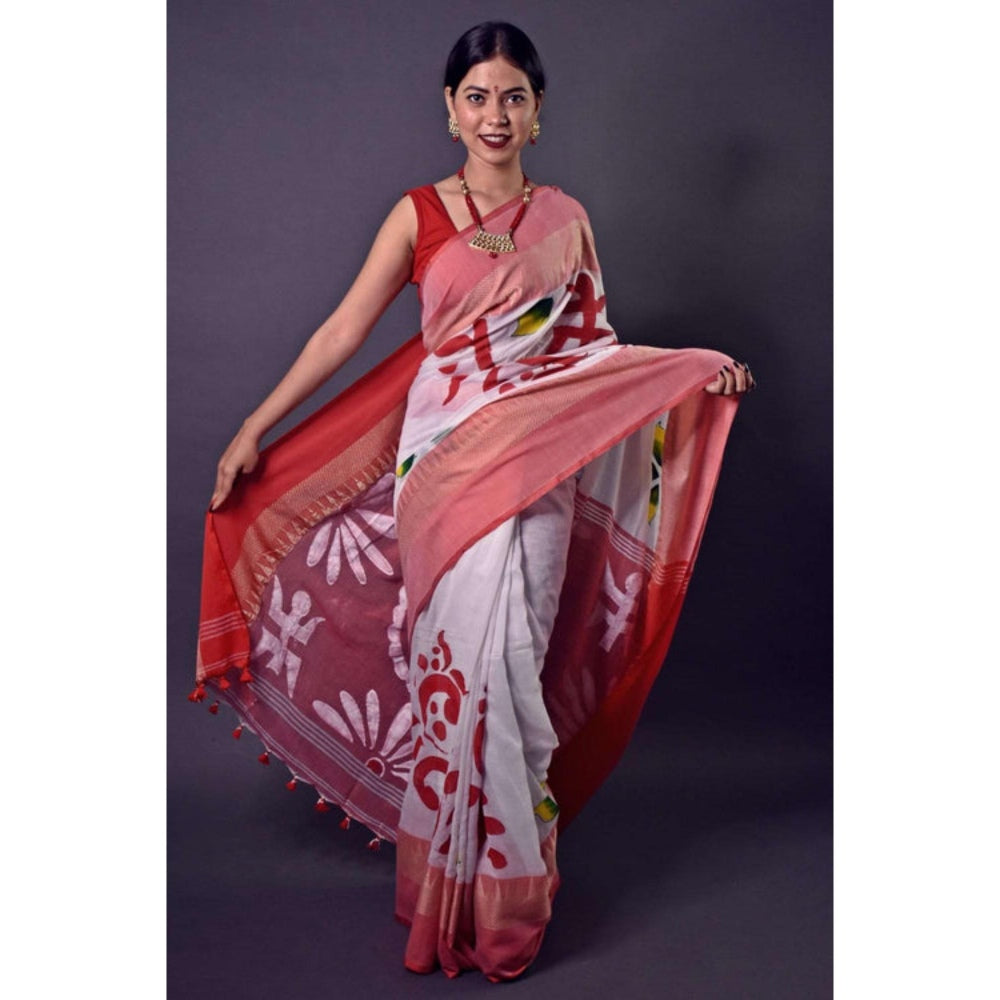 Isadora Life Womens Printed Tassels White Pre-Draped Saree with Unstitched Blouse