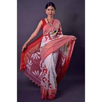 Isadora Life Womens Printed Tassels White Pre-Draped Saree with Unstitched Blouse