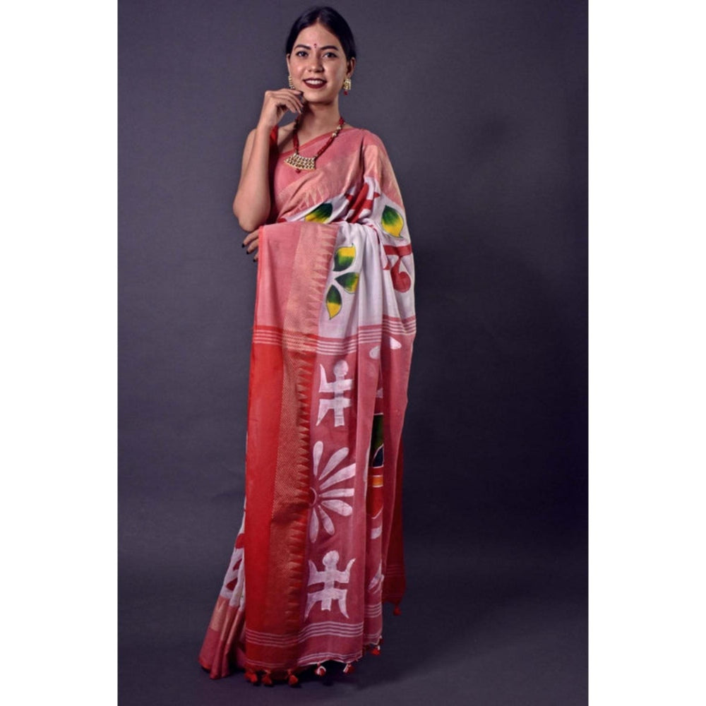 Isadora Life Womens Printed Tassels White Pre-Draped Saree with Unstitched Blouse