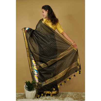 Isadora Life Womens Checks Tassels Black Pre-Draped Saree with Unstitched Blouse