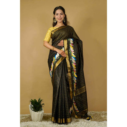 Isadora Life Womens Checks Tassels Black Pre-Draped Saree with Unstitched Blouse