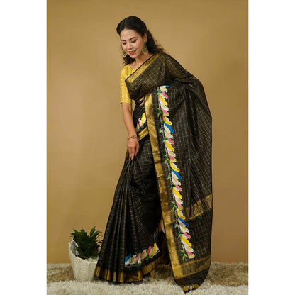 Isadora Life Womens Checks Tassels Black Pre-Draped Saree with Unstitched Blouse