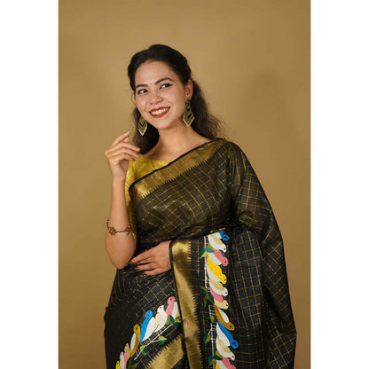 Isadora Life Womens Checks Tassels Black Pre-Draped Saree with Unstitched Blouse