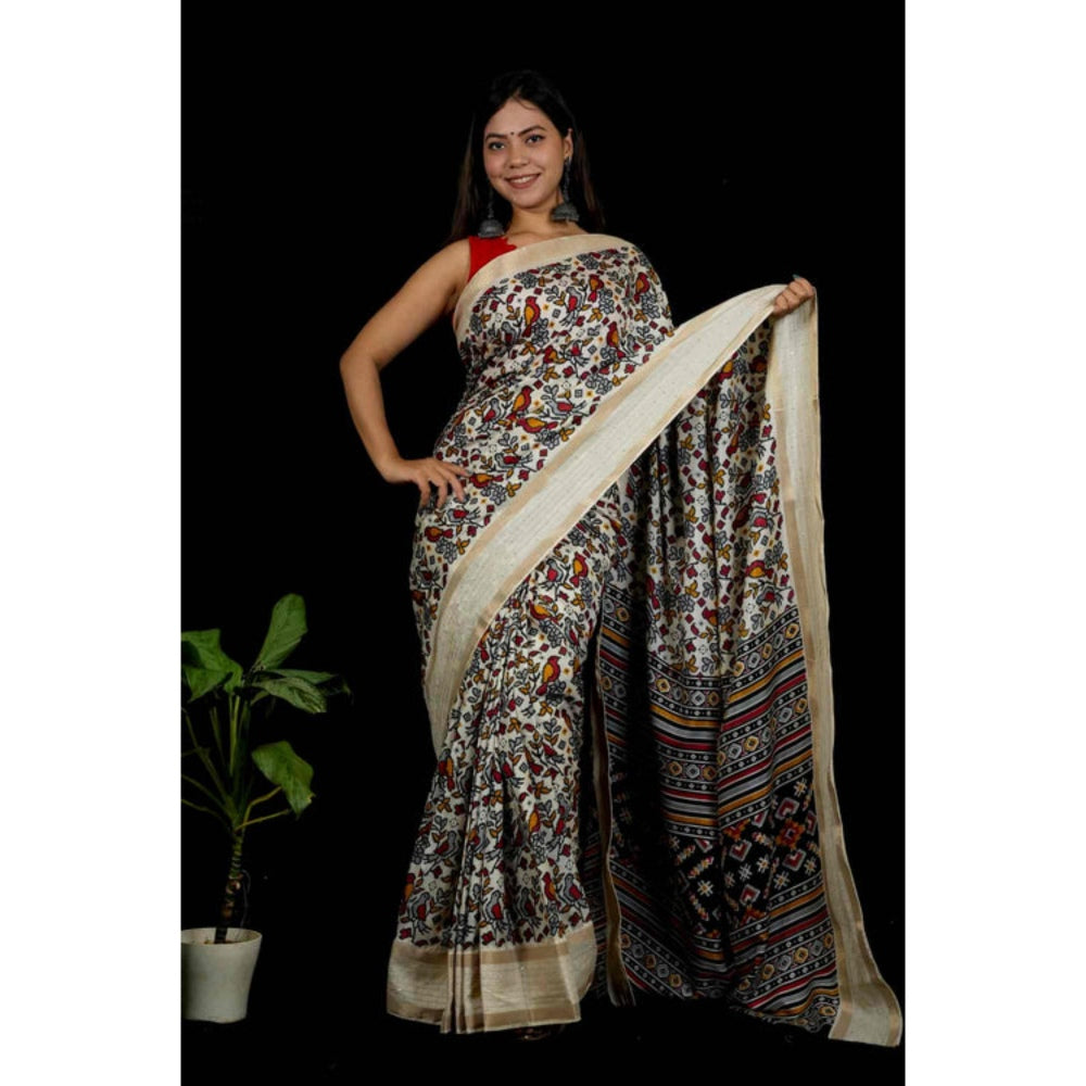 Isadora Life Womens Printed White Pre-Draped Saree with Unstitched Blouse