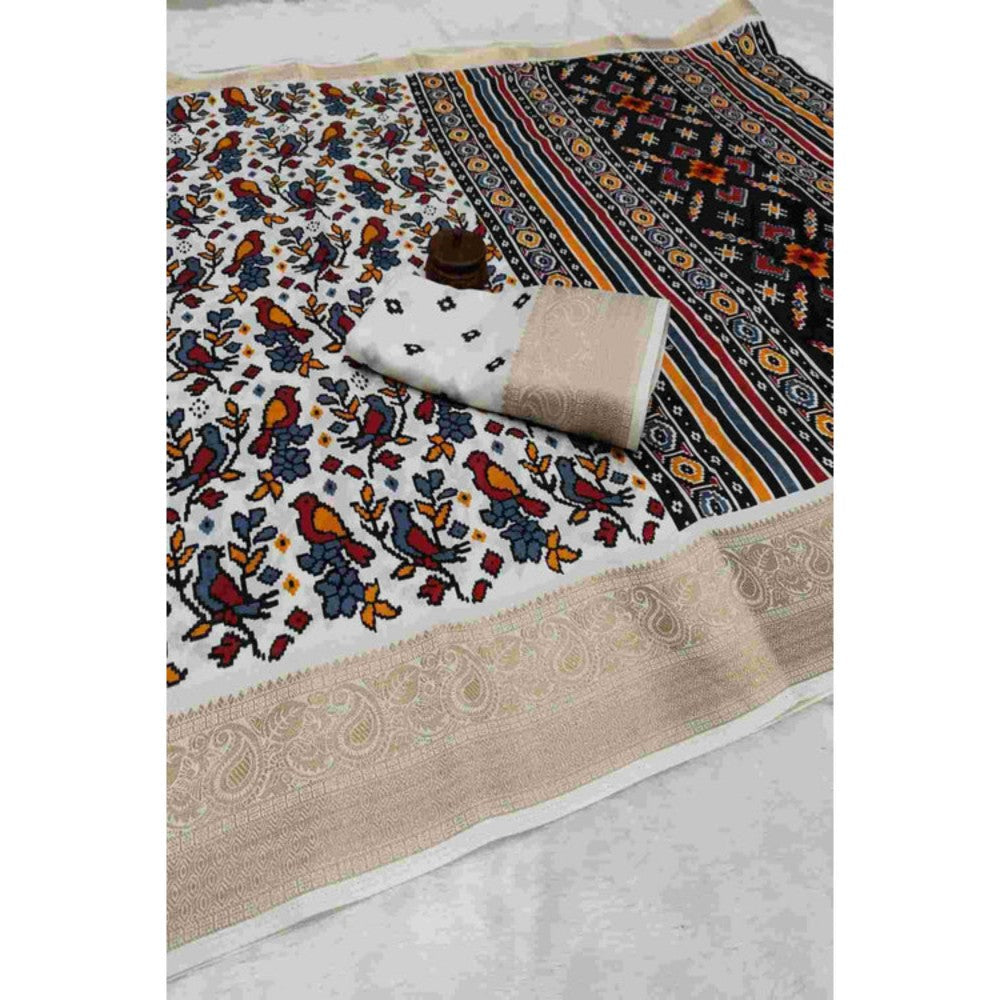 Isadora Life Womens Printed White Pre-Draped Saree with Unstitched Blouse
