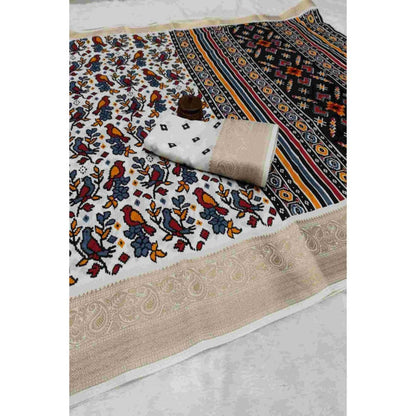 Isadora Life Womens Printed White Pre-Draped Saree with Unstitched Blouse
