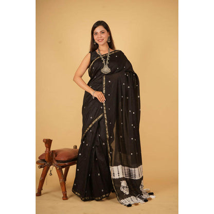 Isadora Life Womens Printed Tassels Black Pre-Draped Saree with Unstitched Blouse