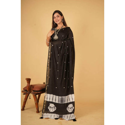 Isadora Life Womens Printed Tassels Black Pre-Draped Saree with Unstitched Blouse