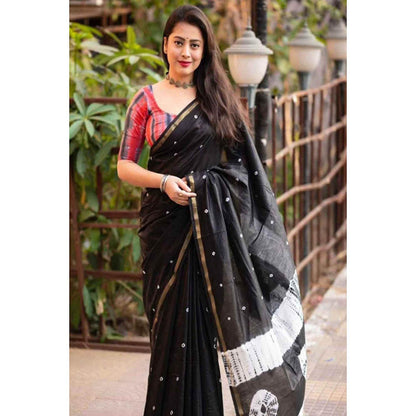 Isadora Life Womens Printed Tassels Black Pre-Draped Saree with Unstitched Blouse