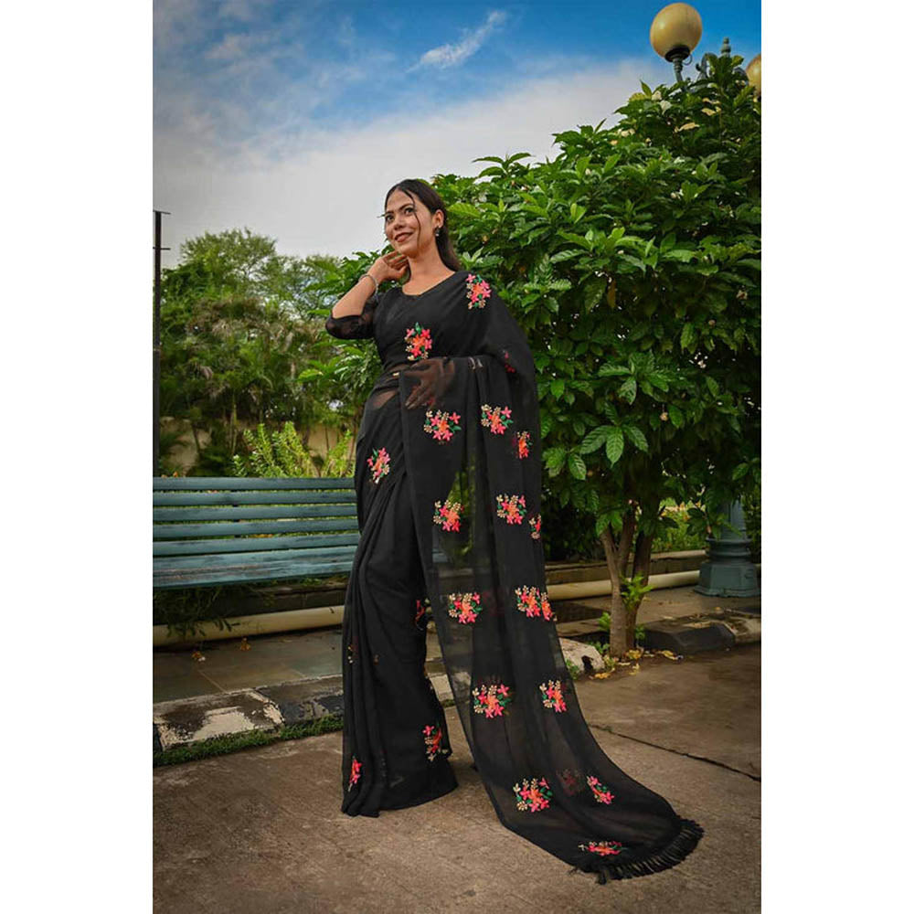 Isadora Life Womens Embroidered Tassels Black Pre-Draped Saree with Unstitched Blouse