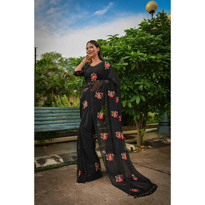 Isadora Life Womens Embroidered Tassels Black Pre-Draped Saree with Unstitched Blouse