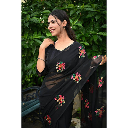 Isadora Life Womens Embroidered Tassels Black Pre-Draped Saree with Unstitched Blouse