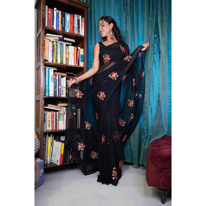 Isadora Life Womens Embroidered Tassels Black Pre-Draped Saree with Unstitched Blouse