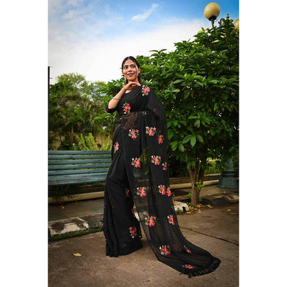 Isadora Life Womens Embroidered Tassels Black Pre-Draped Saree with Unstitched Blouse