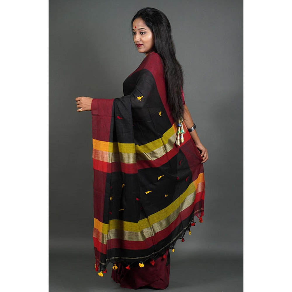 Isadora Life Womens Embroidered Tassels Black Pre-Draped Saree with Unstitched Blouse