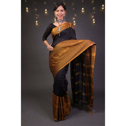 Isadora Life Womens Woven Tassels Black Pre-Draped Saree with Unstitched Blouse