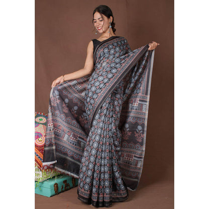 Isadora Life Womens Floral Printed Black Pre-Draped Saree with Unstitched Blouse