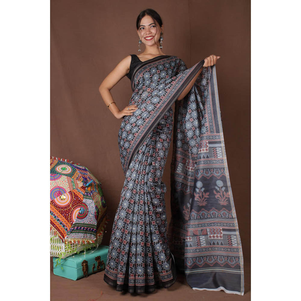 Isadora Life Womens Floral Printed Black Pre-Draped Saree with Unstitched Blouse