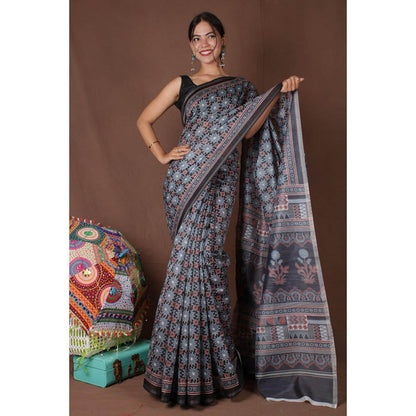 Isadora Life Womens Floral Printed Black Pre-Draped Saree with Unstitched Blouse