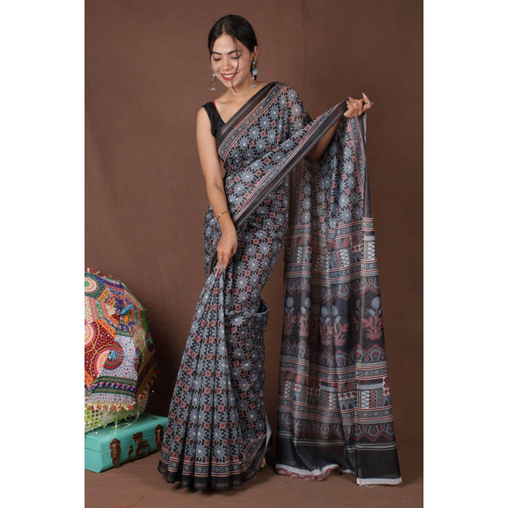 Isadora Life Womens Floral Printed Black Pre-Draped Saree with Unstitched Blouse