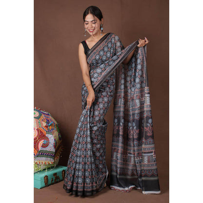 Isadora Life Womens Floral Printed Black Pre-Draped Saree with Unstitched Blouse
